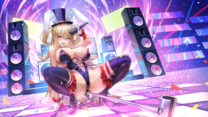 1girls 2023 absurdres alternate_version_available animal_ears azur_lane blonde_hair blue_footwear blue_headwear blue_leotard boots breasts fake_animal_ears female female full_body gloves guam_(azur_lane) guam_(stage-setting_charmer)_(azur_lane) hat high_heel_boots high_heels highleg highleg_leotard highres holding holding_microphone iitsumonemu large_breasts leotard long_hair looking_at_viewer microphone official_alternate_costume playboy_bunny purple_eyes rabbit_ears sideboob smile solo speaker squatting thigh_boots thighs tongue tongue_out top_hat underboob white_gloves