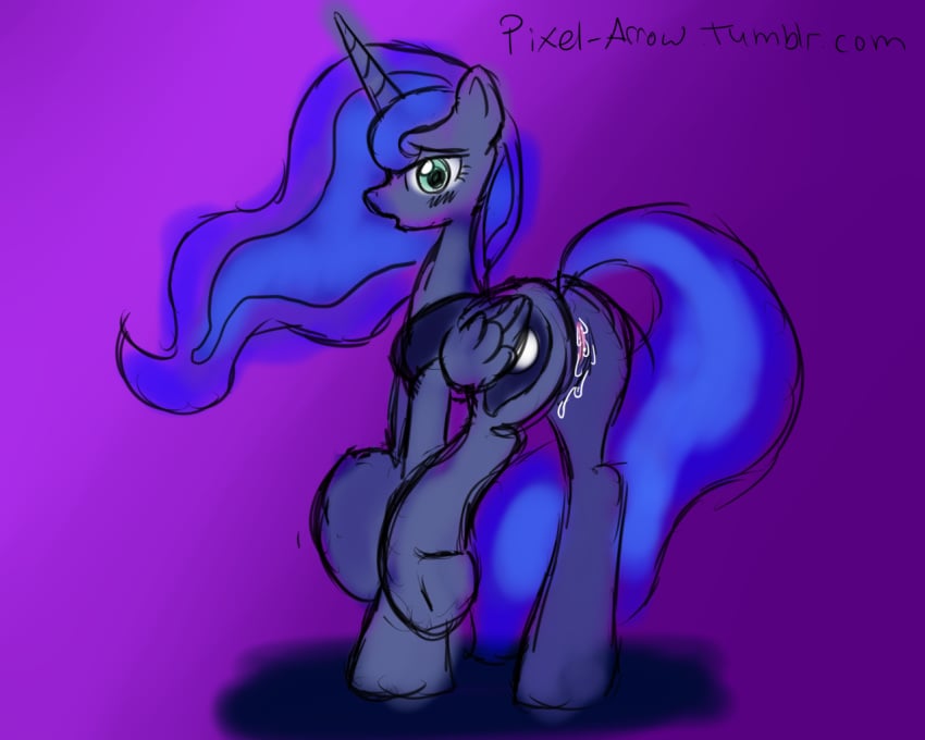 2012 alicorn ass blue_eyes blue_hair blush cutie_mark equine female friendship_is_magic hair horn horse long_hair looking_at_viewer looking_back my_little_pony open_mouth pixel-arrow pony princess_luna_(mlp) pussy pussy_juice solo tumblr wings