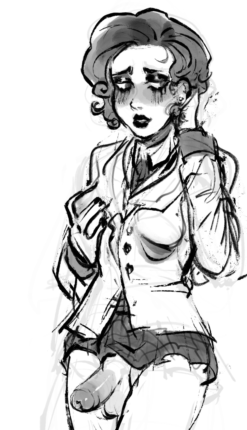 1futa balls blush bornagainwhore bottomless breast_hold breasts clothed erection futa_only futanari human identity_v looking_away margaretha_zelle monochrome mostly_clothed mostly_nude no_panties partially_retracted_foreskin penis shirt short_hair sketch skirt solo standing testicles uncut uniform white_background