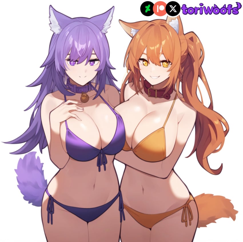 2girls ai_generated amber bell_collar bikini breasts collar curvy cute dog_ears dog_girl doggirl duo duo_female female female_only first_porn_of_character grin happy highres hips huge_breasts kemonomimi light_skin light_skinned_female long_hair orange_hair patreon_username petgirl petite purple_ears purple_eyes purple_hair purple_tail smile standing teeth thick_thighs thighs tori toriwoofs watermark wide_hips wolf_ears yellow_eyes yuri