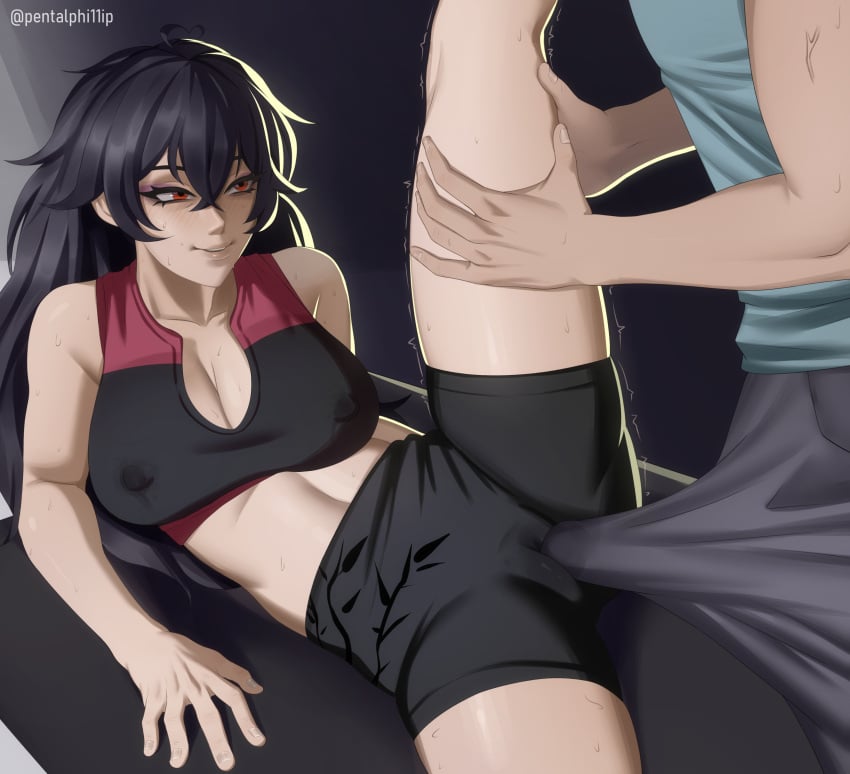 1boy 1girls black_hair curvy curvy_female curvy_figure long_hair pentalphi11ip raven_branwen red_eyes rwby tagme