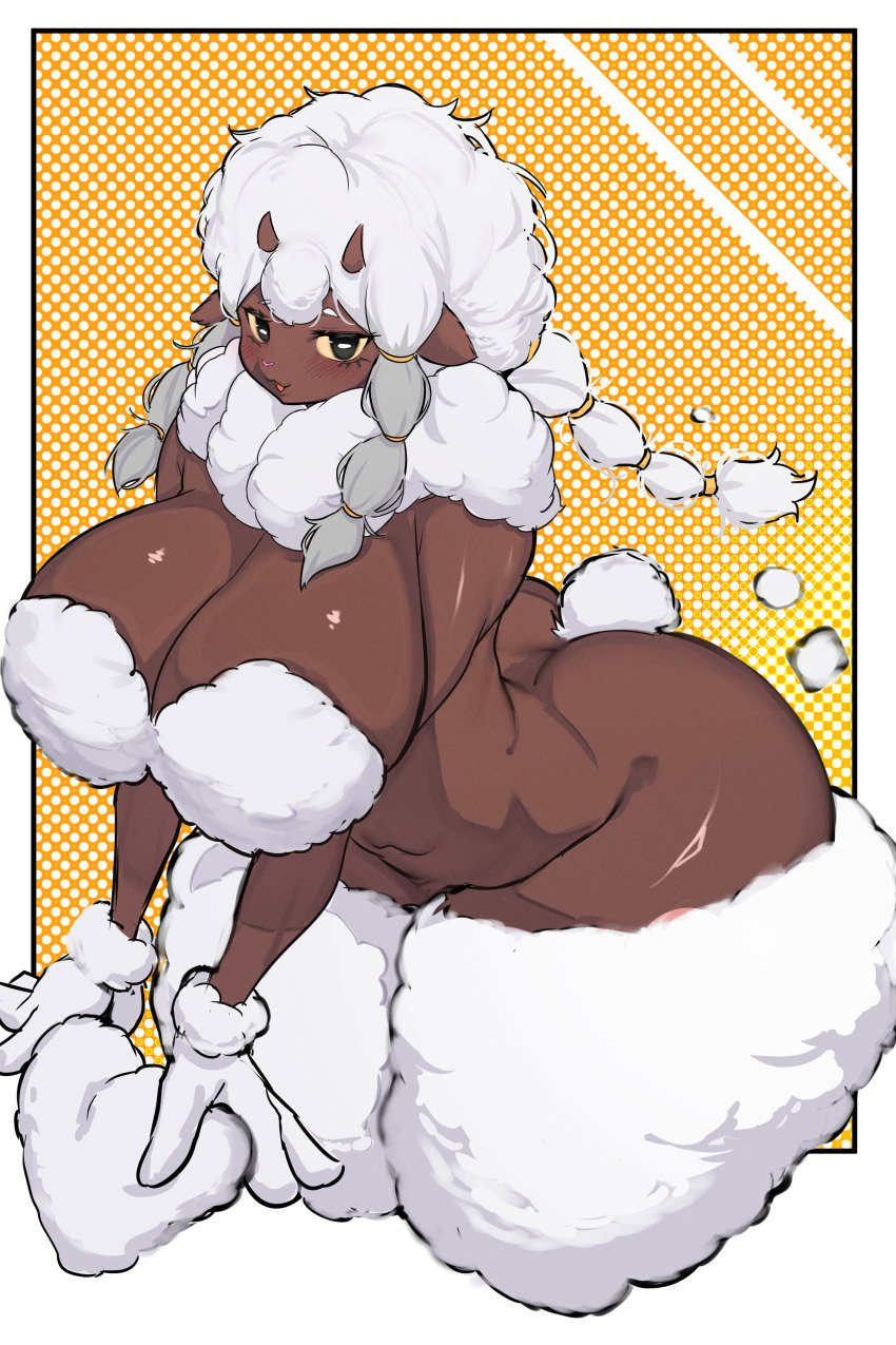 absurd_res anthro ass big_breasts big_butt biped breasts brown_body caprine ewe female fur generation_8_pokemon hi_res horn kantan kneeling looking_at_viewer nintendo pokemon pokemon_(species) sheep thick_thighs white_body white_fur white_wool wool wool_(fur) wooloo