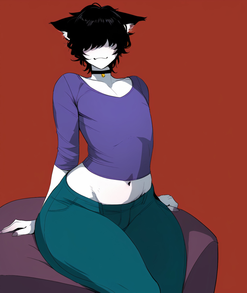 1boy 1femboy 1male ai_generated black_hair cat_ears collar curvaceous curvy femboy feminine_male feminine_pose green_clothing hair hair_covering_eye hair_covering_eyes humanoid jeans leaning leaning_back male nai_diffusion pale_skin purple_clothing stable_diffusion thick thick_boy thick_femboy thick_legs thick_thighs tight_clothing tight_fit voluptuous whoram wide_hips