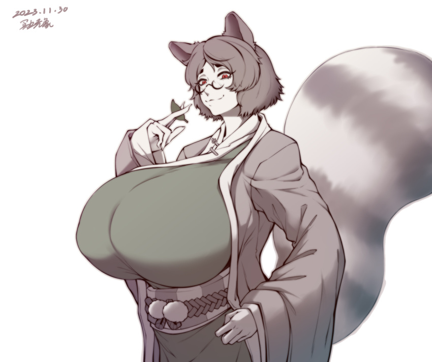 busty elun_(meido) fully_clothed glasses huge_breasts large_breasts mamizou_futatsuiwa milf red_eyes tagme tanuki tanuki_girl touhou