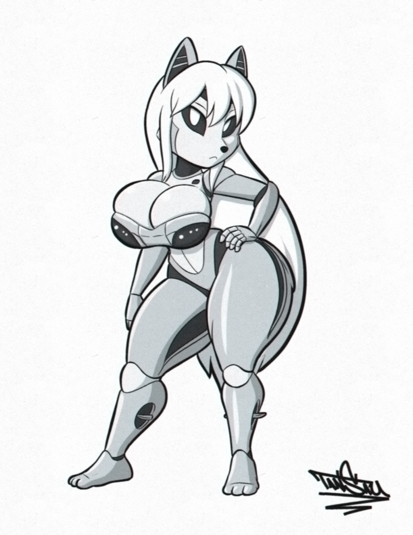 2022 2023 animal_humanoid arm_on_hip big_breasts breasts commentary_request commission digital_media_(artwork) female female_only fox fox_ears fox_humanoid furry gray_body hi_res hips husky koenigmutt oc robotic_arm robotic_ear robotic_legs signature tansau thick_thighs thights white_background white_eyes white_hair