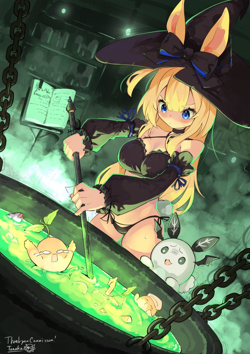 1girl animal_ears bangs bare_shoulders black_headwear black_panties black_sleeves blonde_hair blue_eyes blush bow breasts bunny bunny_ears bunny_girl chain chained closed_mouth cuffs detached_sleeves dress eyebrows_visible_through_hair female hair_between_eyes handcuffs hat hat_bow holding humanoid long_hair long_sleeves navel panties pocket_watch shackles side-tie_panties small_breasts solo thighhighs underwear virtual_youtuber vyugen water witch witch_costume witch_hat yenko