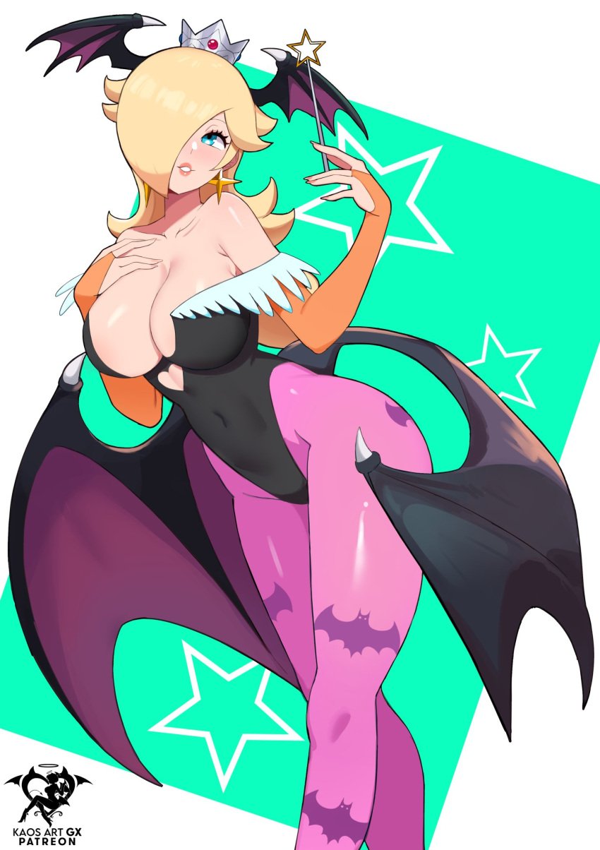 1girls animal_print bare_shoulders bat_print bat_wings blonde_hair blue_eyes blush breasts cleavage cosplay crossover crown darkstalkers earrings female female_only hair_over_one_eye head_wings highres jewelry kaos_art large_breasts leotard long_hair mario_(series) morrigan_aensland morrigan_aensland_(cosplay) nintendo pantyhose princess_rosalina print_pantyhose smile solo star_(symbol) star_earrings super_mario_galaxy vampire_(game) wings