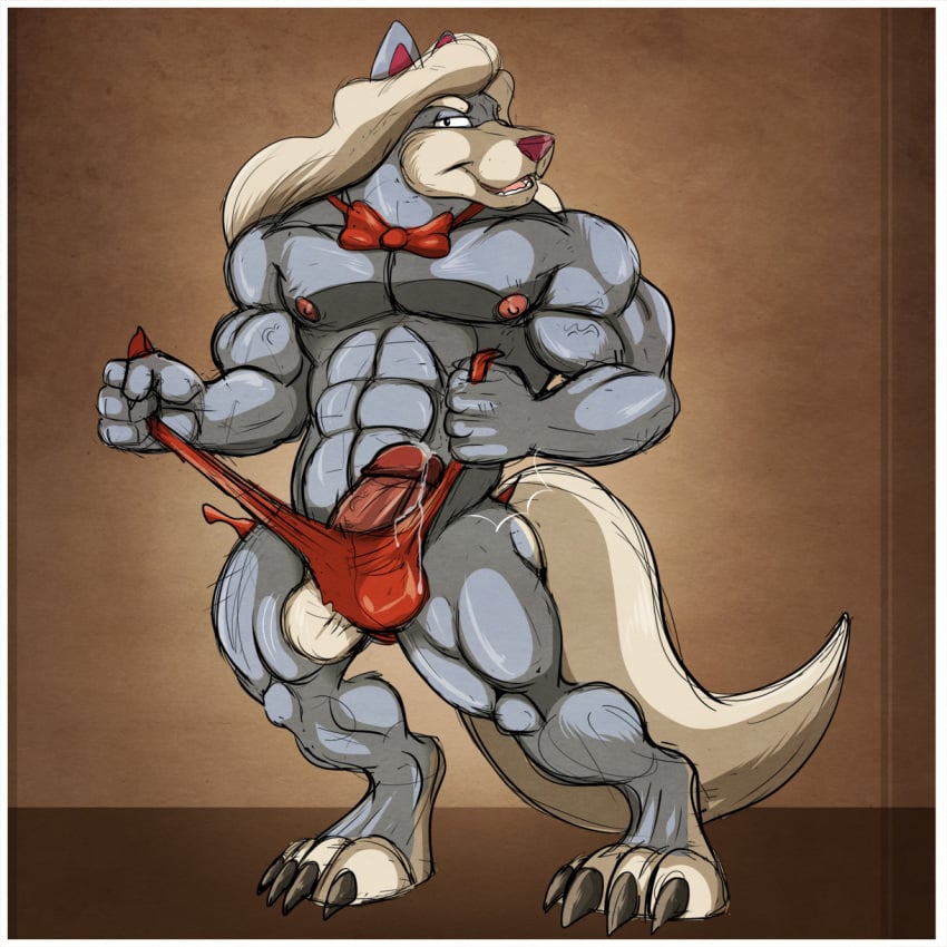 aaron_(artist) abs anthro balls biceps big_balls big_penis blonde_hair bodybuilder bowtie canine cum erection fur furry hair huge_cock long_hair looking_at_viewer male male_only muscles pecs penis pose ripped_underwear solo speedo tail torn_speedo torn_underwear underwear werewolf wilford wilford_wolf