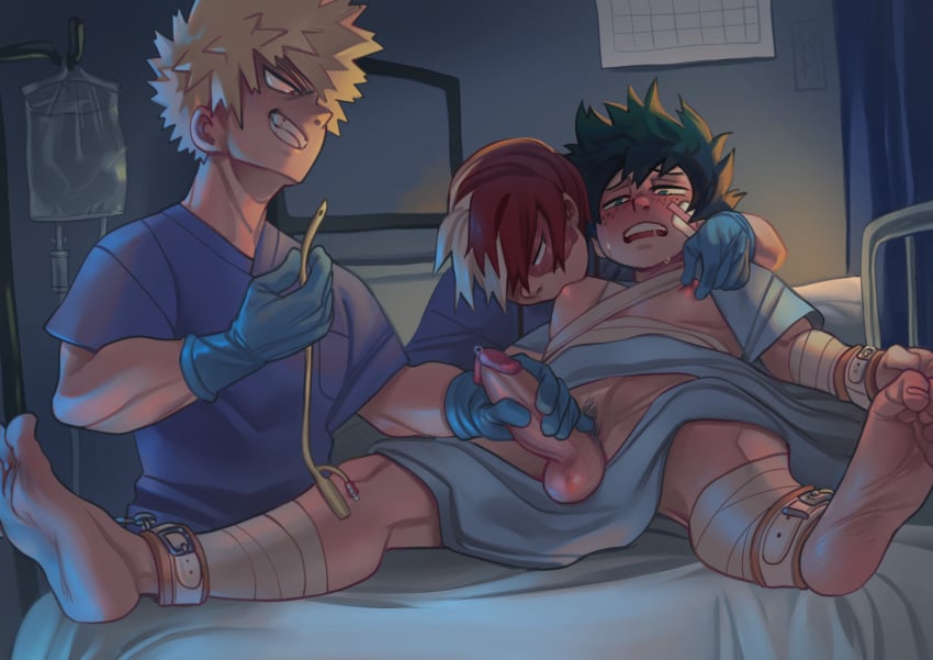 3boys ankle_cuffs bandages blush catheter erect_penis gay gloves holding_penis hospital_bed izuku_midoriya katsuki_bakugou medical_fetish my_hero_academia nipple_play nipple_tweak nipples sounding sounding_rod sucking_nipples threesome todoroki_shouto wildmage wrist_cuffs yaoi