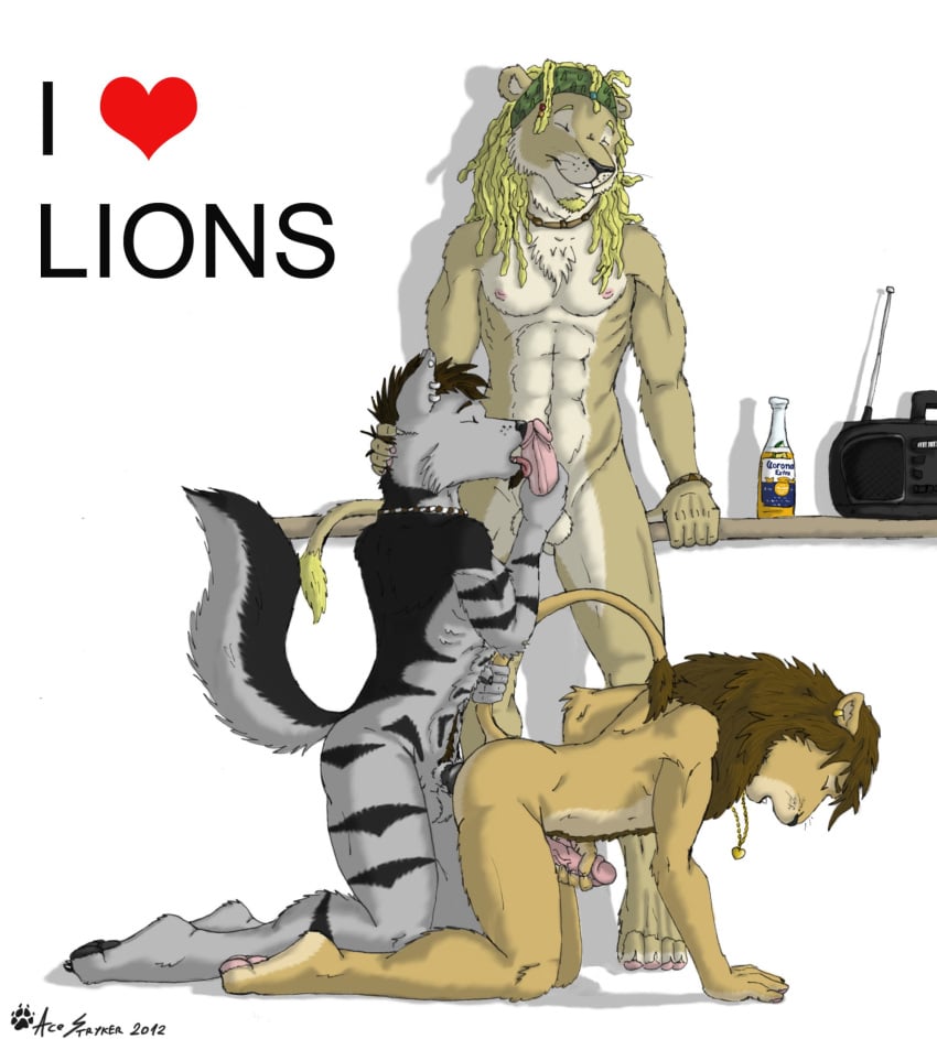 2012 ace_stryker anal anthro beard beer brown_hair canine doggy_style dreadlocks feline fellatio from_behind fur furry furry_only gay hair lion male masturbation muscles no_humans oral oral_sex penis sex threesome wolf