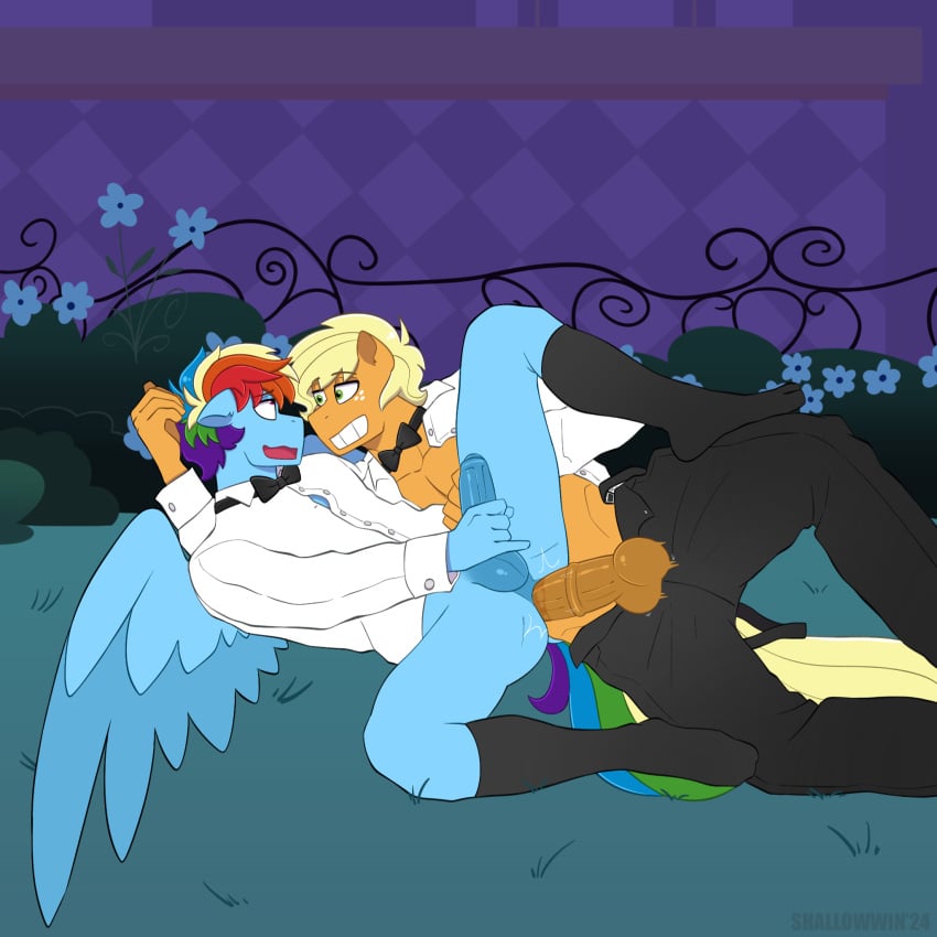 2boys anal anal_sex animal_genitalia animal_penis applejack_(male)_(mlp) balls blonde_hair bow_tie clothed clothing earth_pony equid equine equine_genitalia equine_penis footwear friendship_is_magic ftm_crossgender fur gay gay_sex genderswap_(ftm) genitals grass hair hasbro hi_res horse long_socks male male/male mammal medial_ring multicolored_hair multicolored_tail my_little_pony orange_body orange_fur outside outside_sex partially_clothed pegasus penetration penis plant pony rainbow_blitz_(mlp) rainbow_hair rainbow_tail rule_63 shallowwin smile socks tail wings yellow_tail