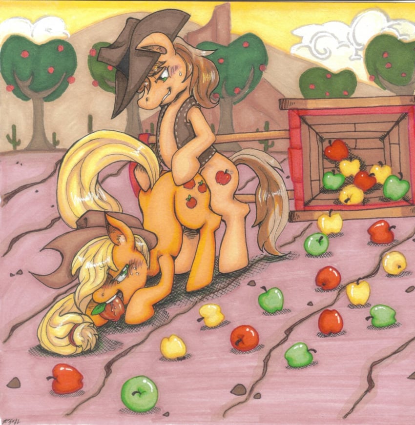 2012 apple applejack_(mlp) blonde_hair blush braeburn_(mlp) brown_fur brown_hair cousin cowboy_hat cutie_mark dragonsushi duo earth_pony equine female feral freckles friendship_is_magic fruit fur green_eyes hair hat horse incest male my_little_pony orange_fur outside penetration pony saliva sex straight sweat tree wagon