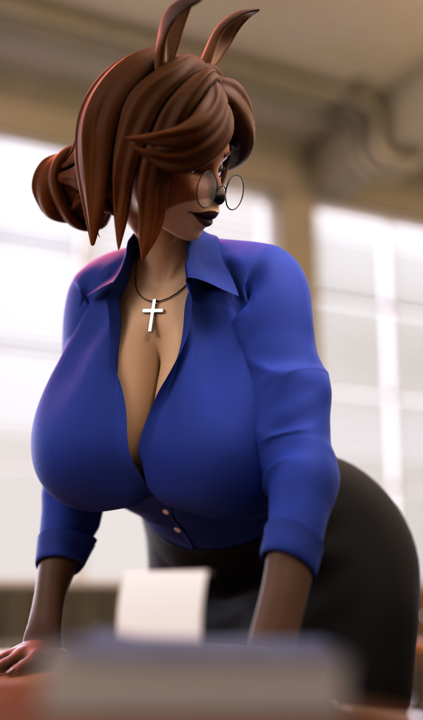 2024 3d_(artwork) anthro applebottom_family beauty_mark bent_over big_breasts breasts catherine_applebottom classroom clothed clothing cross cross_necklace deer desk digital_media_(artwork) eyewear eyewear_on_head female footwear fur furniture glasses glasses_on_head hi_res high_heels hollandworks jewelry mammal mature_female necklace rabbiz3d school smile solo table teacher text url