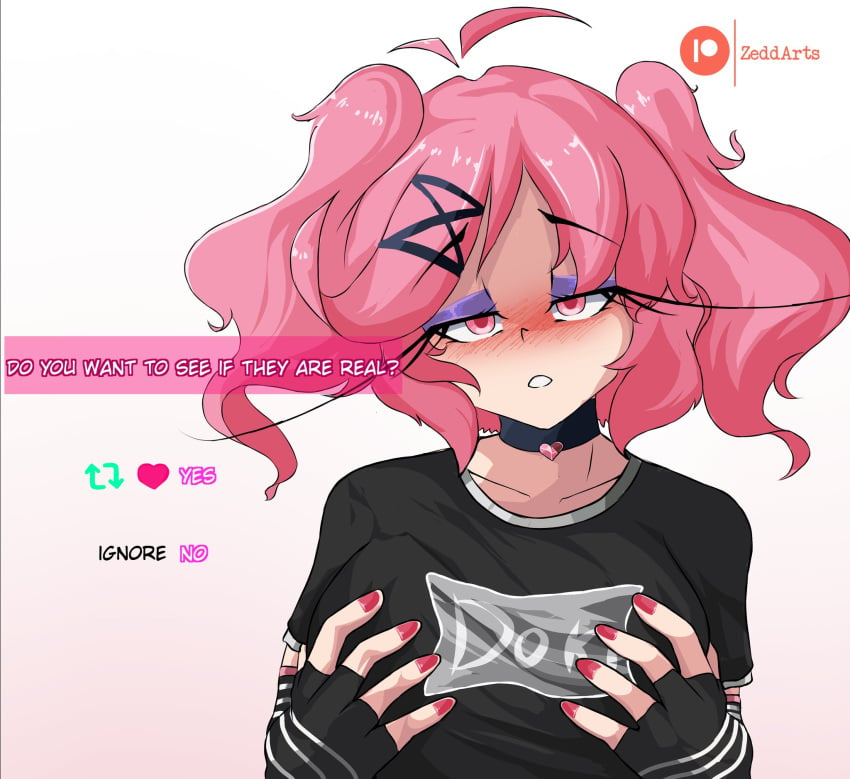 blush blush blushing_at_viewer blushing_female doki_doki_literature_club goth goth_girl grabbing_own_breast looking_at_viewer natsuki_(doki_doki_literature_club) text text_box zeddarts