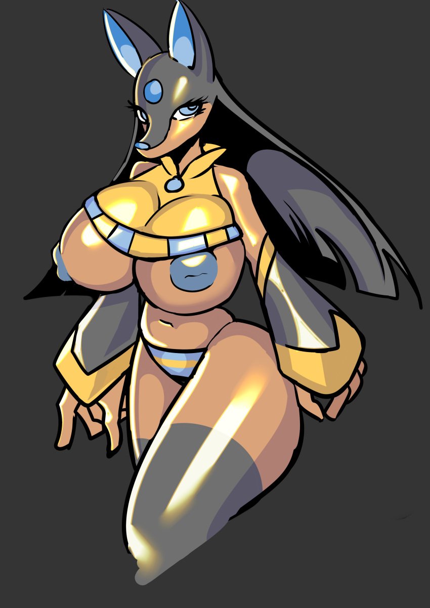 4_fingers absurd_res anthro anubian_jackal anubis anubis_(pal) areola big_breasts black_hair blue_eyes blue_forehead_gem blue_inner_ear blue_nipples blue_nose breasts canid canine canis clothing digital_drawing_(artwork) digital_media_(artwork) eyelashes female fingers front_view gold_(metal) gold_jewelry hair hi_res jackal jewelry leggings legwear long_hair mammal navel nipples pal_(species) palworld solo tan_body zxc