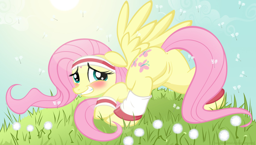 ass blush dandelion edit equine female fluttershy_(mlp) friendship_is_magic grass junglepony looking_back my_little_pony pegasus presenting pussy smooth_skin solo sweatband wings