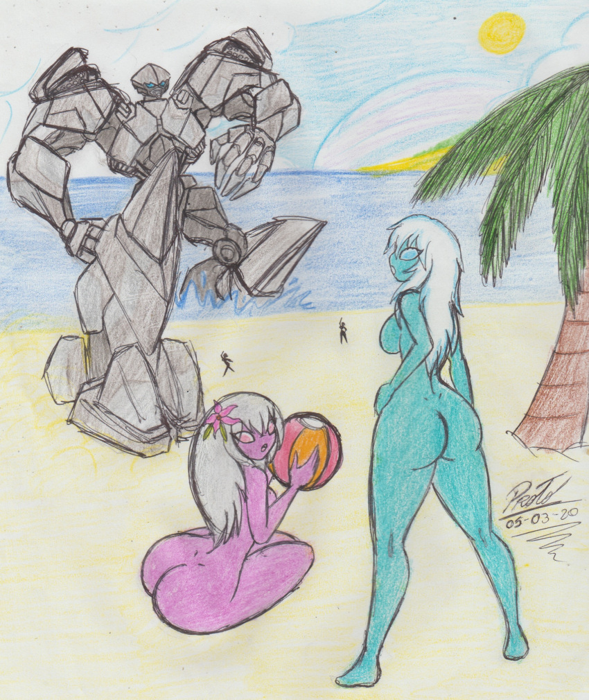 1boy 4girls alien alien_girl alien_humanoid ass barefoot beach breasts casual casual_nudity character_in_background chocoalien001 completely_nude completely_nude_female female full_body humanoid naked naked_female nude nude_female robot