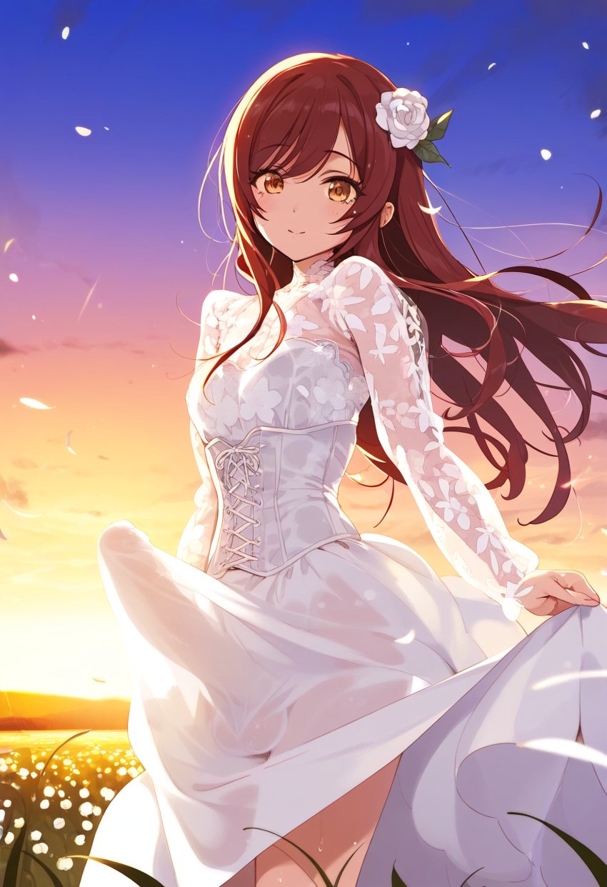 ai_generated balls balls_in_panties bangs big_penis blush breasts brown_hair bulge dickgirl doseogwan dress erect_penis erection erection_under_clothes flower_field flowers full_body futa_only futanari hair_flower hair_ornament idolmaster idolmaster_shiny_colors long_hair long_penis long_sleeves looking_at_viewer osaki_amana outdoors outside panties penis penis_under_clothes penis_under_dress sandals see-through see-through_clothing smile solo solo_futa standing sunset tenting thick_penis underwear wedding_dress white_dress white_panties