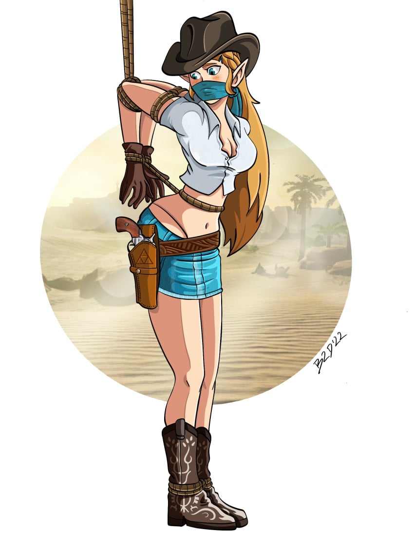 belt bondage bound bound2draw breath_of_the_wild clothing cowgirl elf female firearm footwear gag gagged gun handgun handwear headwear light-skinned_female outdoors pale_skin princess_zelda restrained revolver teenager the_legend_of_zelda weapon zelda_(breath_of_the_wild)