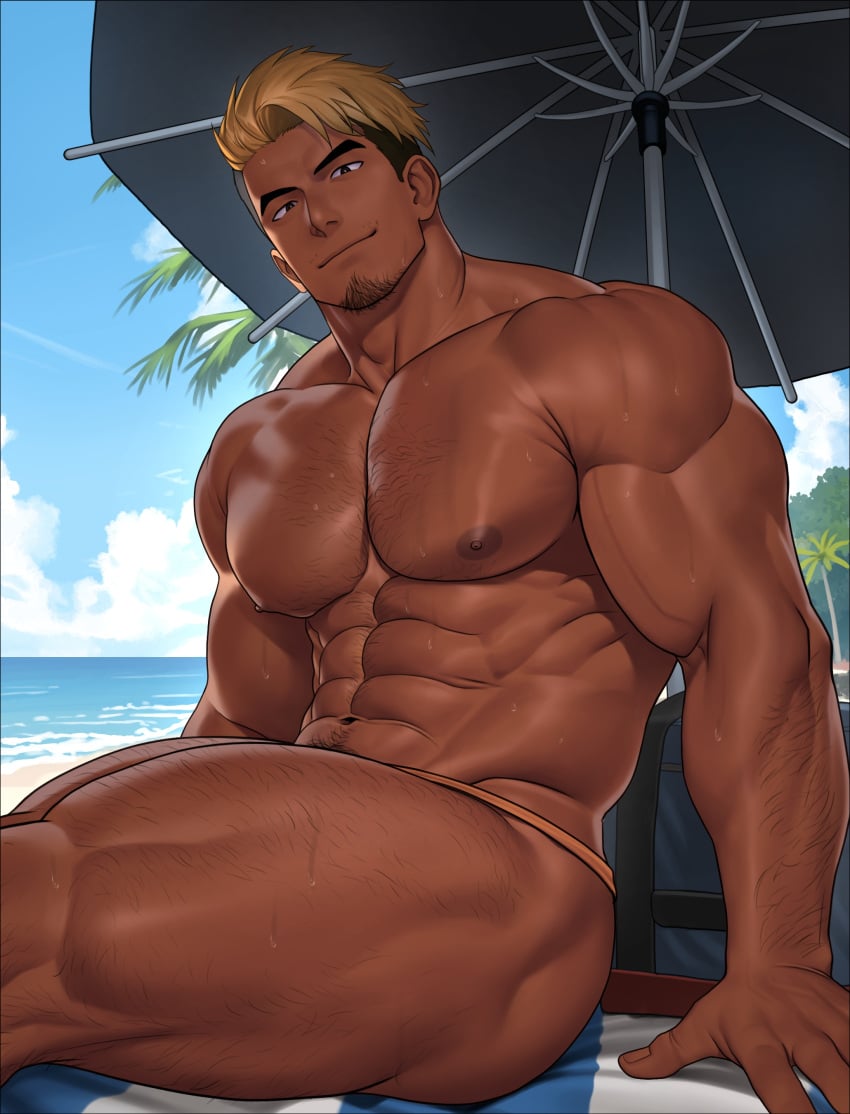 erect_nipples exposed_nipples facial_hair hairy hairy_arms hairy_chest hairy_legs hairy_male high_resolution highres human hunk kuromine_hiraya male male_only muscle muscles muscular_legs muscular_male muscular_thighs nipples palm_tree palm_trees pecs pubic_hair sky smile smiling solo solo_male sweat sweating tan_skin thick_thighs yuatari