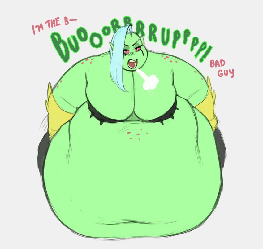 1girls alien bbw big_belly blush breasts burping disney fat female freckles gelatingent green_skin huge_breasts lord_dominator morbidly_obese overhead_view red_sclera thick_thighs wander_over_yonder white_hair wide_hips