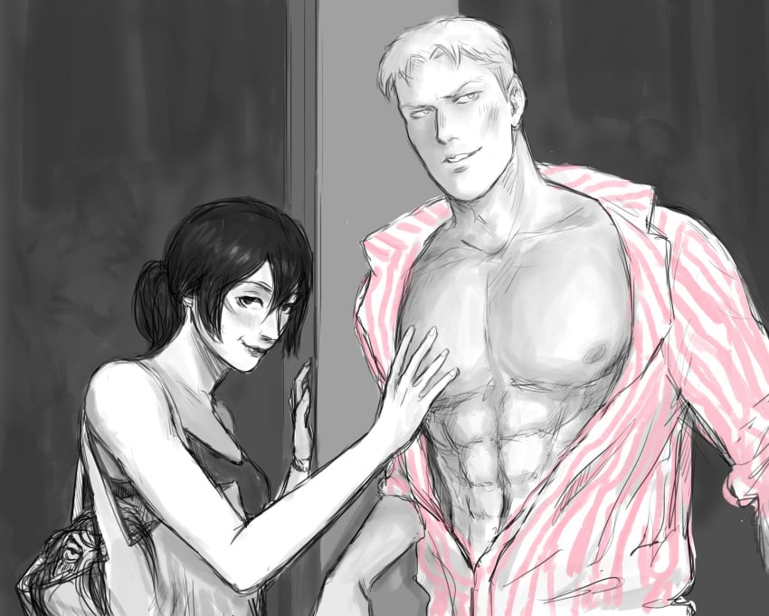 1boy 1girls abs athletic_male attack_on_titan blush female fit_male hand_on_chest hand_on_pecs josmium male male/female meme mikasa_ackerman muscles muscular muscular_male open_shirt pecs reiner_braun sculpted_abs smirk straight toned_male touching_chest touching_pecs