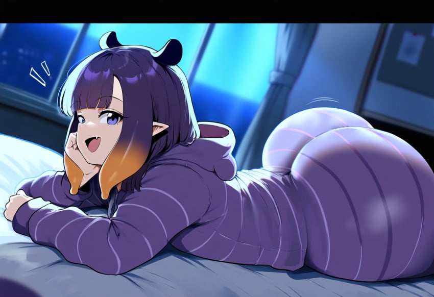 ai_generated ameanon ass big_ass hololive hololive_english hololive_myth huge_ass large_ass ninomae_ina&#039;nis on_bed on_stomach onesie pajamas pointy_ears virtual_youtuber vtuber