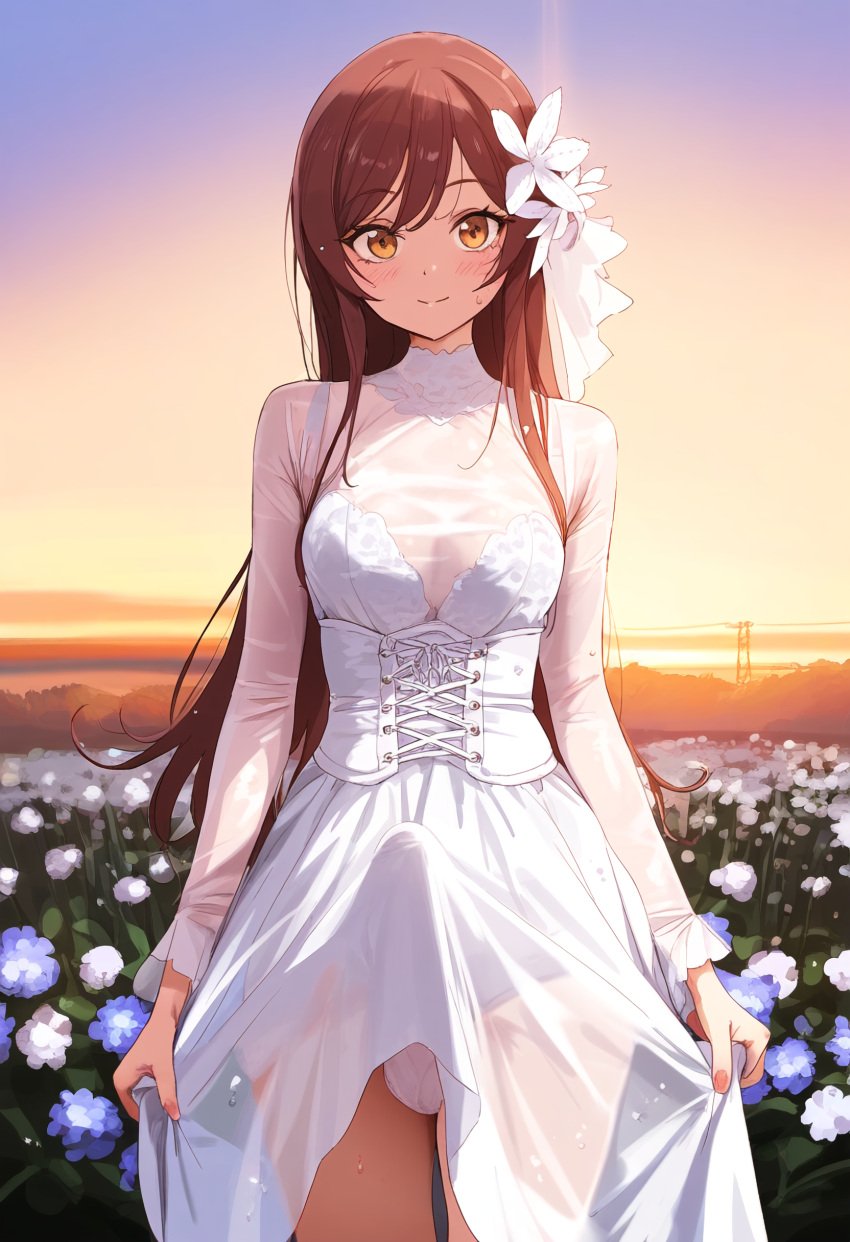 1futa ai_generated balls balls_in_panties bangs blush breasts bride brown_hair bulge dickgirl doseogwan dress erect_penis erection erection_under_clothes flower_field flowers futa_only futanari hair_flower hair_ornament idolmaster idolmaster_shiny_colors long_hair long_sleeves looking_at_viewer osaki_amana outdoors outside panties penis penis_under_clothes penis_under_dress see-through see-through_clothing smile solo solo_futa standing sunset tenting underwear wedding_dress white_dress white_panties