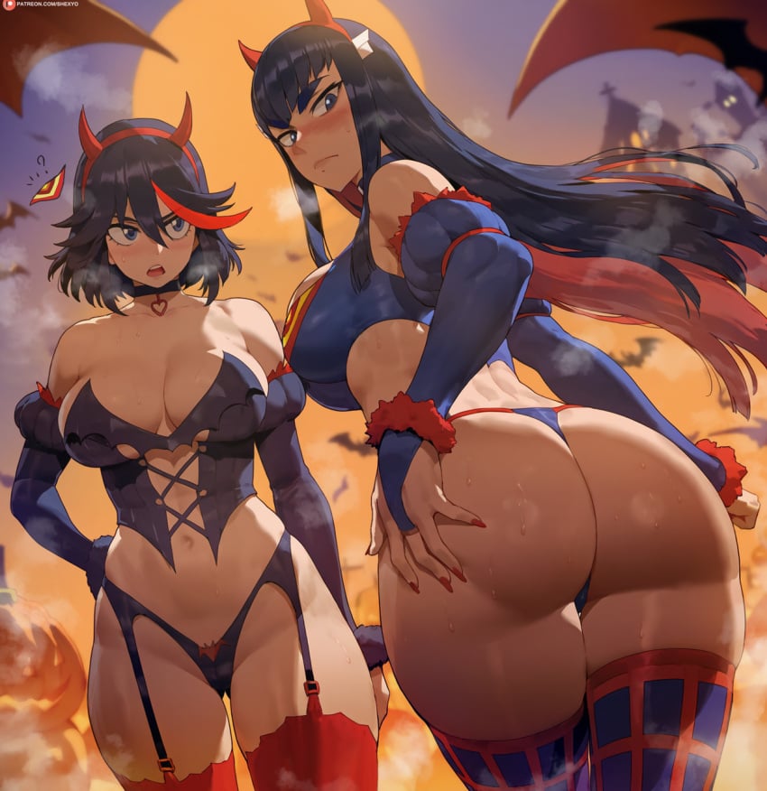 2girls ass big_ass big_balls big_breasts black_hair busty butt cleavage cosplay costume dark-skinned_futanari female female_only halloween huge_ass huge_breasts huge_butt kill_la_kill kiryuuin_satsuki large_ass large_breasts large_butt light-skinned_female light_skin matoi_ryuuko revealing_clothes shexyo siblings slutty_clothing slutty_outfit thick thick_thighs thighs tomboy