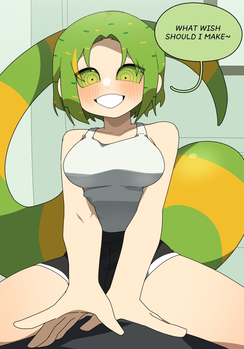 1boy 1girls chameleon_girl_(junkzero) cowgirl_position green_eyes green_hair junkzero large_breasts smile tail teeth