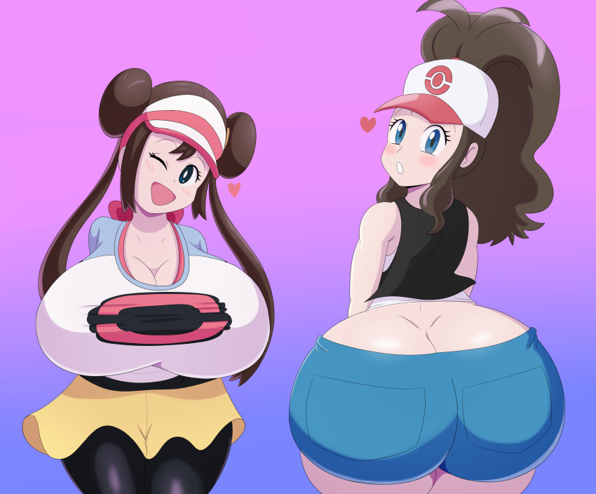 2019 2girls ass ass_vs_breasts ass_window big_ass blue_eyes blush boob_window bottom_heavy breasts brown_hair casual casual_nudity clothed clothing female female_only hair_bun hat hilda_(pokemon) huge_ass huge_breasts long_hair looking_at_viewer looking_back mechspazer multiple_girls nintendo no_underwear open_mouth pokemon pokemon_bw pokemon_bw2 ponytail purple_background rosa_(pokemon) skirt top_heavy white_skin wink