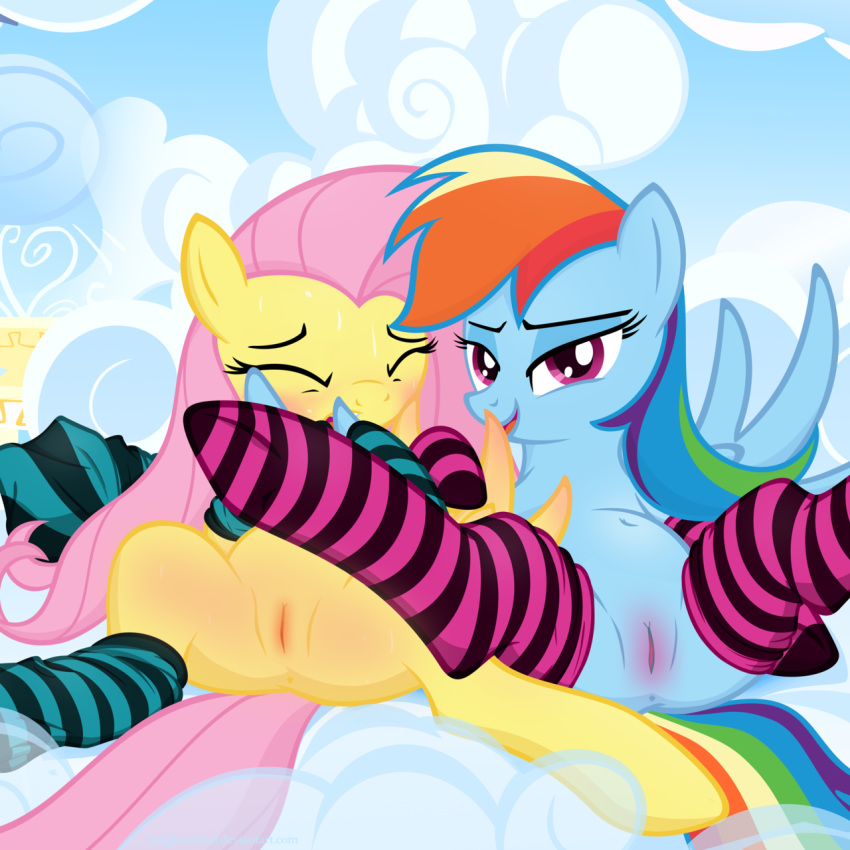 anus blush closed_eyes clouds edit equine female fluttershy_(mlp) friendship_is_magic junglepony looking_at_viewer my_little_pony pegasus presenting pussy rainbow_dash_(mlp) smooth_skin spread_legs spreading stockings sweat underwear wings