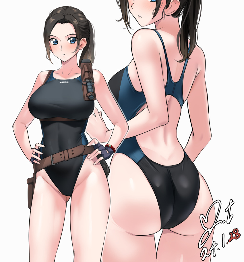 big_butt blue_eyes brown_hair butt butt_focus claire_redfield female female_only fingerless_gloves gloves ponytail resident_evil resident_evil_2 swimsuit thigh_gap yoo_tenchi