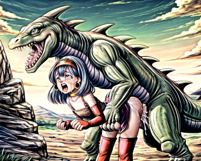 ai_generated bestiality blue_hair bra_(dragon_ball) bra_briefs choker crying dinosaur doggy_style doggy_style_position dragon_ball dragon_ball_gt dragon_ball_super dragon_ball_z lizard rape reptile screaming skirt stable_diffusion zoophilia