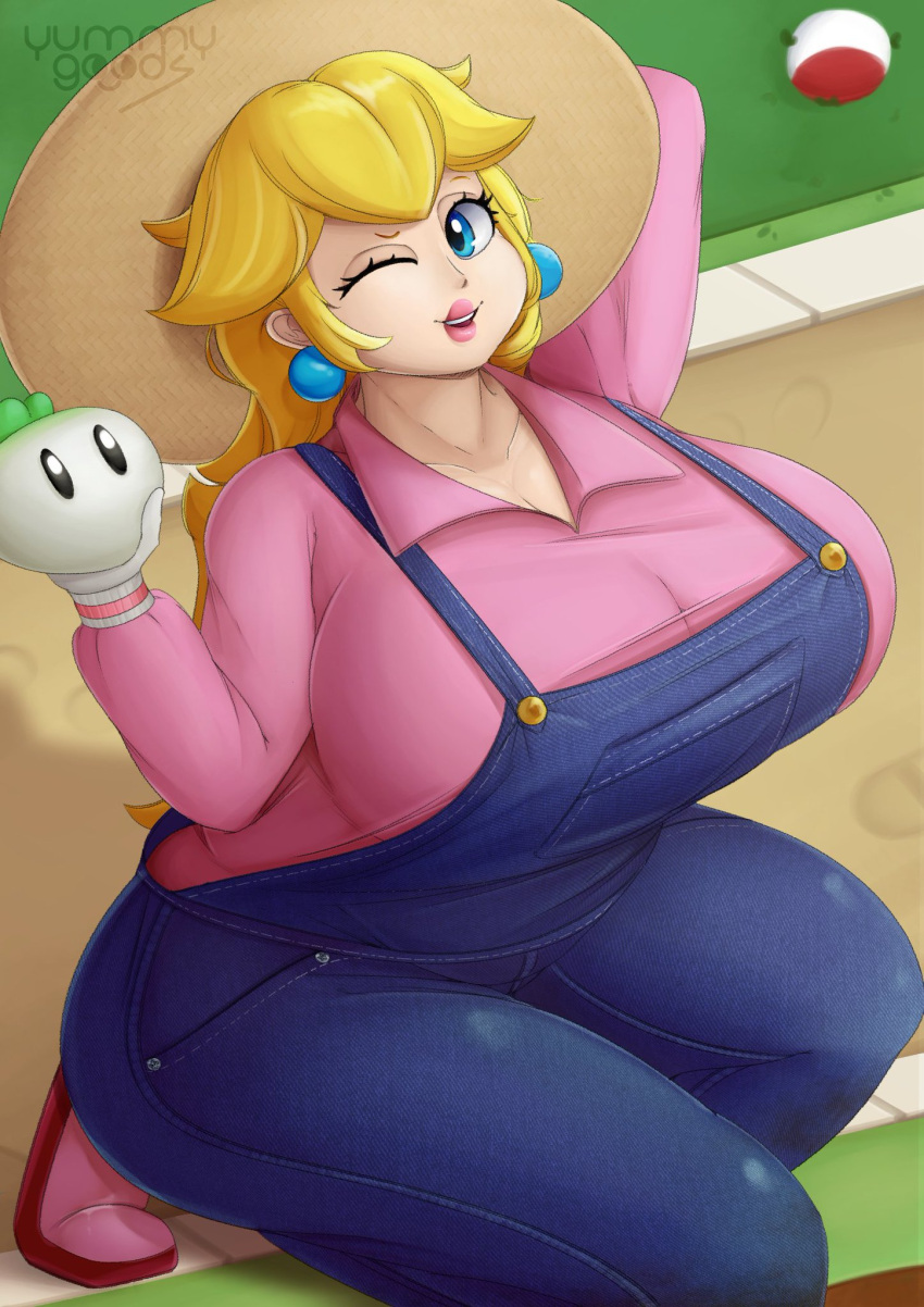 1girls alternate_breast_size big_breasts blonde_hair blue_eyes breasts breasts_bigger_than_head curvy curvy_figure farmer gardening hat huge_breasts mario_(series) overalls pink_shirt princess_peach super_mario_bros._2 tagme turnip winking winking_at_viewer yummygoods