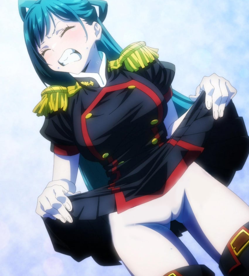 anti-demon_corps_uniform azuma_himari_(mato_seihei_no_slave) blue_hair blush boots bottomless closed_eyes clothes_lift edit lifted_by_self long_hair mato_seihei_no_slave military_uniform nekom14 no_panties pussy screencap skirt_up teeth uncensored