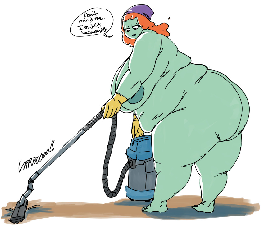 1girls aqua_(overlordzeon) bent_over chubby chubby_female cleaning completely_nude completely_nude_female green_skin naked naked_female obese orange_hair original_character overlordzeon vaccum