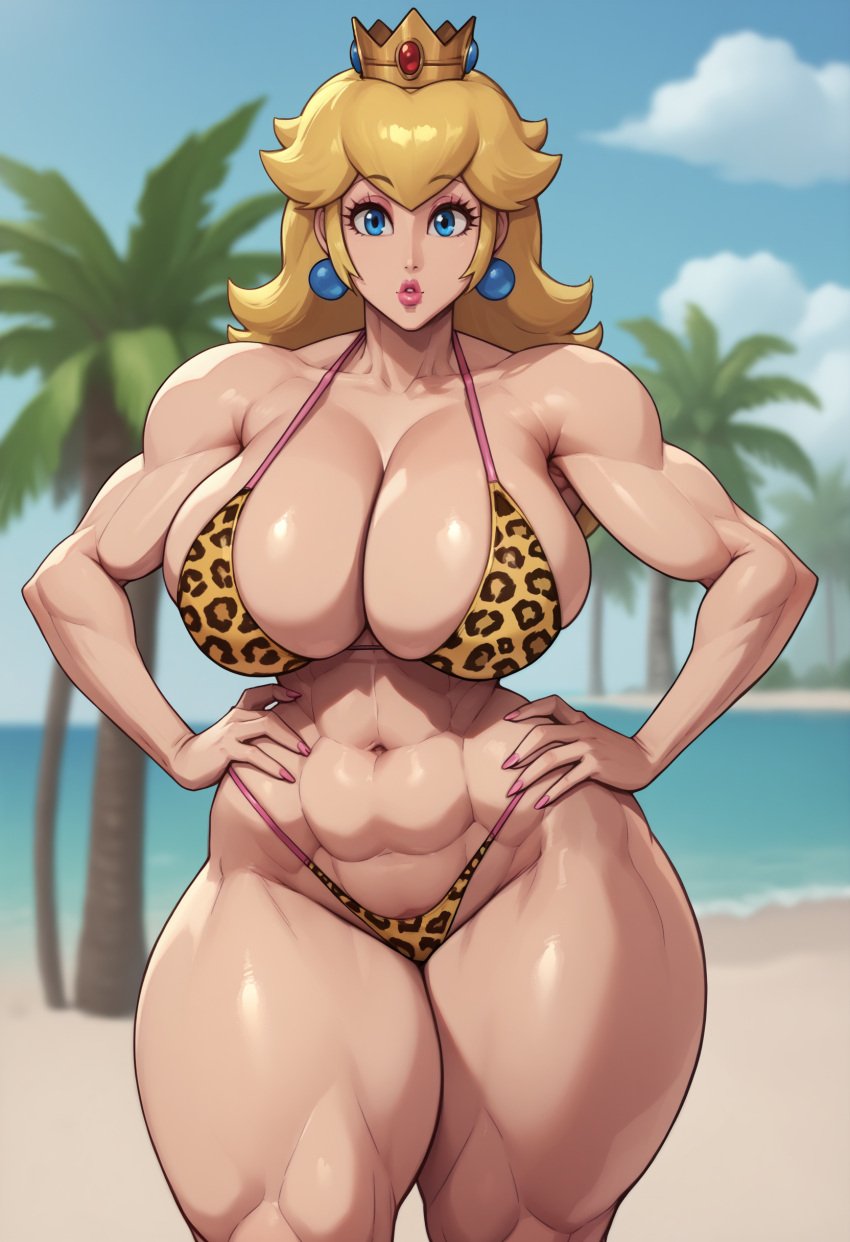 1girl abs ai_generated beach bikini blonde_hair blue_eyes breasts cleavage crown curvy day depth_of_field earrings female female_abs guy90 hand_on_hips hand_on_own_hip hands_on_hips hands_on_own_hips huge_breasts large_breasts leopard_print lips long_hair looking_at_viewer muscular muscular_female navel outdoors palm_tree pink_nails princess_peach rampage0118_(style) sexy_clothing solo swimsuit swimwear thick_thighs thighs tree