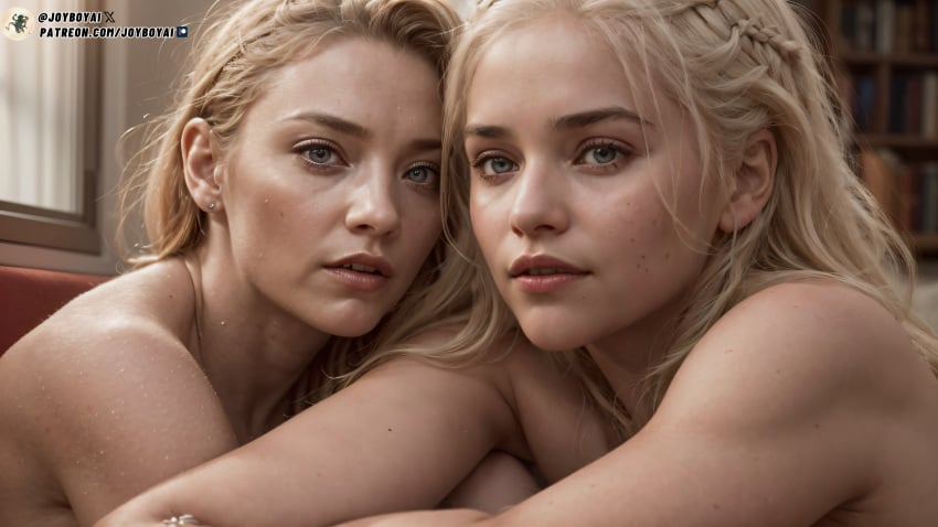 2girls abs absurdres ai_generated celebrity close_up daenerys_targaryen emilia_clarke female female_only game_of_thrones highres human human_only joyboyai light-skinned_female light_skin margaery_tyrell natalie_dormer realistic seductive self_upload