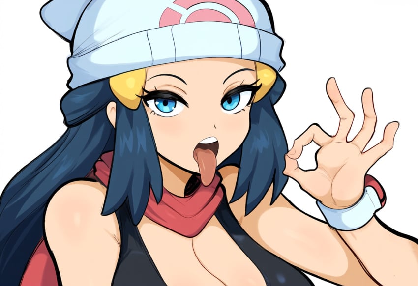 1girls ai_generated blue_eyes dawn_(pokemon) facing_viewer fellatio_gesture female hat inviting_to_sex large_breasts looking_at_viewer mullon novelai open_mouth pokemon pokemon_dppt scarf solo suggestive suggestive_gesture tongue