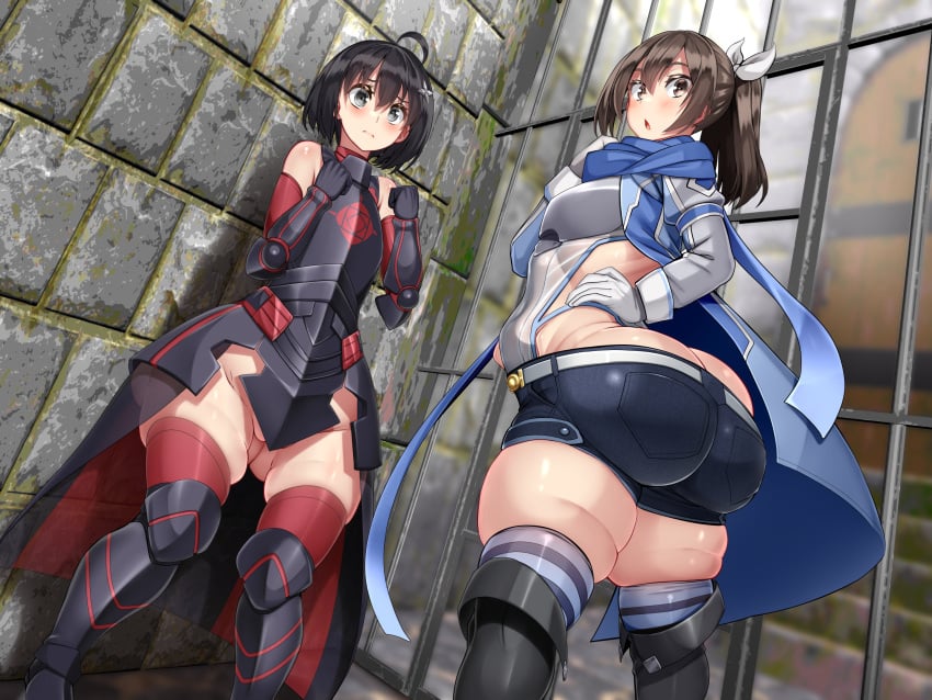 2girls armor big_ass big_butt black_hair bofuri bottom_heavy brown_hair cage exposed_ass itai_no_wa_iya_nano_de_bougyoryoku_ni_kyokufuri_shitai_to_omoimasu kawahagitei light-skinned_female looking_at_viewer maple_(bofuri) multiple_girls sally_(bofuri) skinny_waist small_breasts thick_thighs tight_clothing wide_hips