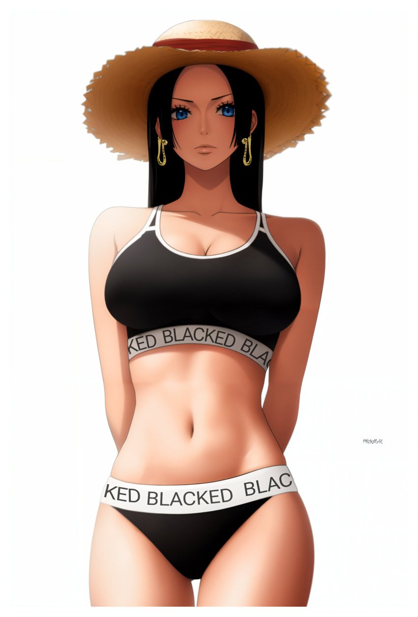 1girls ai_generated big_breasts black_hair blacked blacked_clothing blue_eyes boa_hancock female female_only light-skinned_female long_hair one_piece perfect_body prixmal snake_earrings solo_female straw_hat underwear white_background