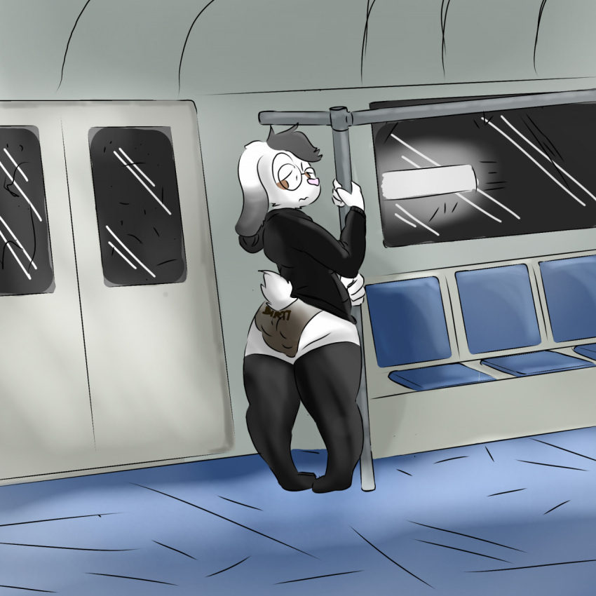 2022 anthro ass clothed clothing digital_media_(artwork) feces fur hair hi_res inside_train lagomorph leporid mammal mintyskunk panties public public_transportation rabbit scat soiling soiling_underwear solo tail train underwear vehicle