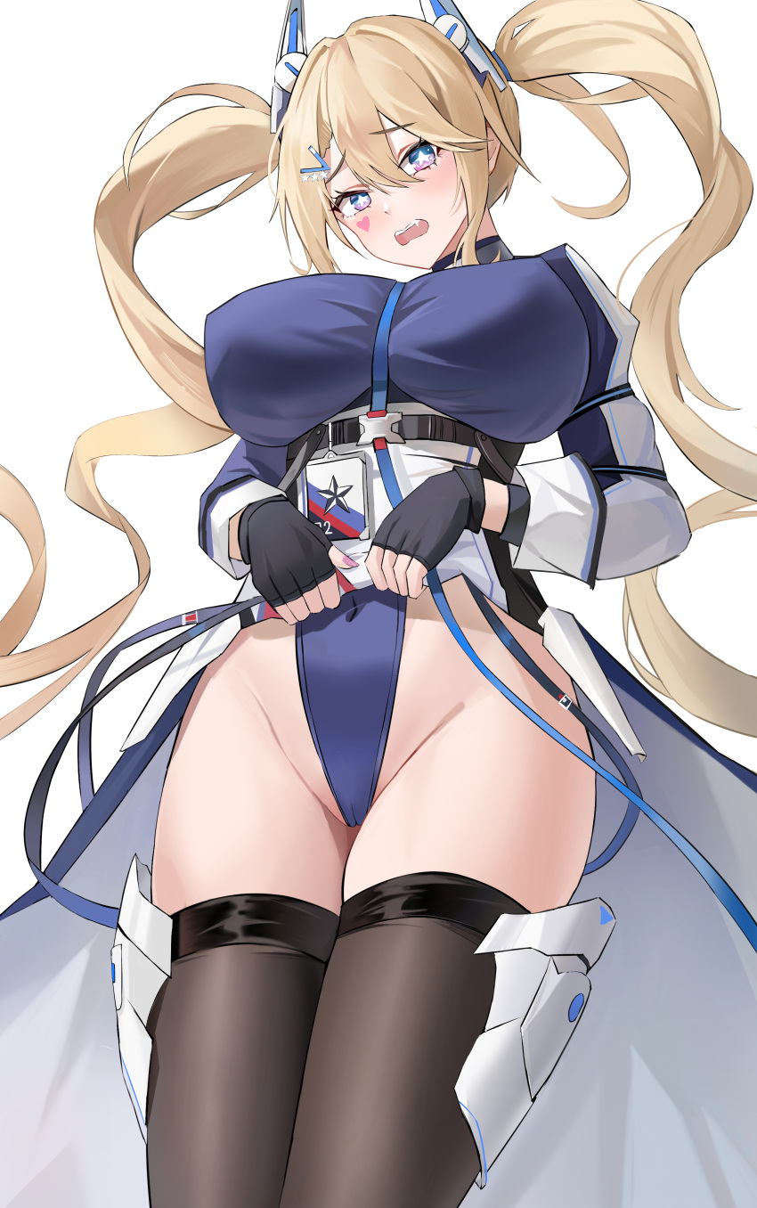 1girls azur_lane blonde_hair blush breasts cameltoe clothes_lift crying eagle_union_(azur_lane) embarrassed fangs female female_only flashing forced guam_(azur_lane) haihaibinggan huge_breasts light-skinned_female light_skin looking_to_the_side nipple_bulge open_mouth solo tears thick_thighs unwilling wavy_mouth wide_hips