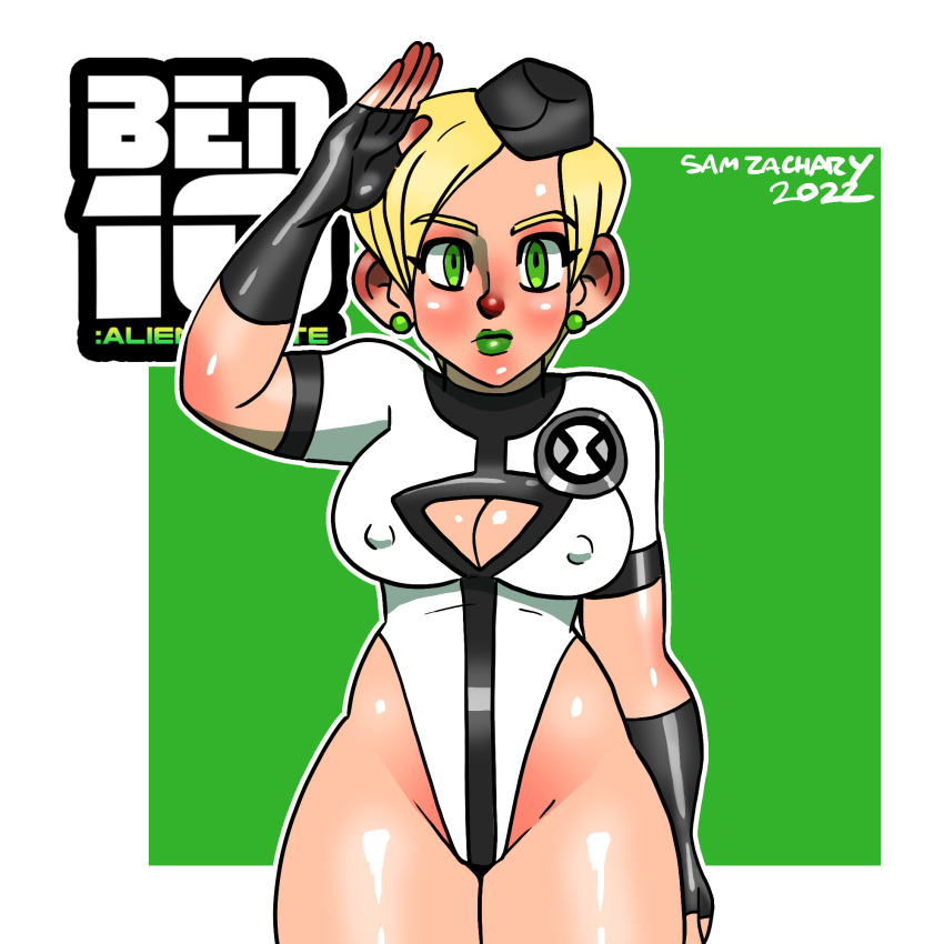 1girls ben_10 big_breasts breasts brown_hair cleavage erect_nipples eunice eunice_(ben_10) female green_earrings green_eyes green_lipstick nipple_bulge one_piece_swimsuit redesign salute saluting samzacharyarts solo solo_female solo_focus