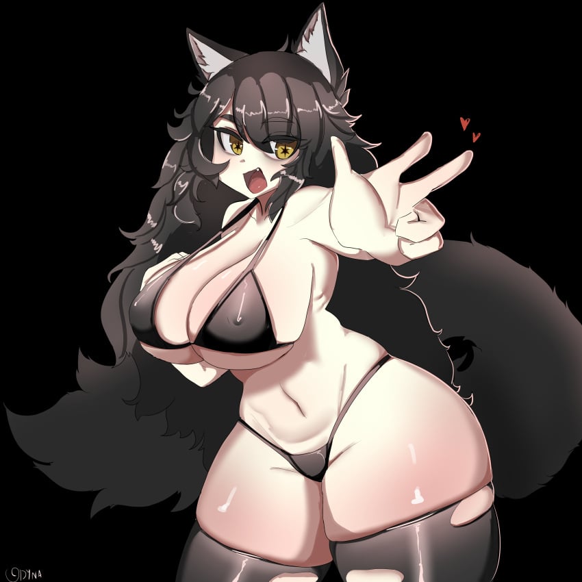 bags_under_eyes big_breasts big_thighs bikini black_bikini commission dark_hair dynaartist erect_nipples gike heart long_hair messy_hair navel nipple_bulge nipples_visible_through_clothing oc oerba_yun_fang open_mouth original_character skindentation star_shaped_pupils symbol-shaped_pupils thick_thighs thighhighs torn_clothes torn_legwear wolf_ears wolf_girl wolf_tail yellow_eyes