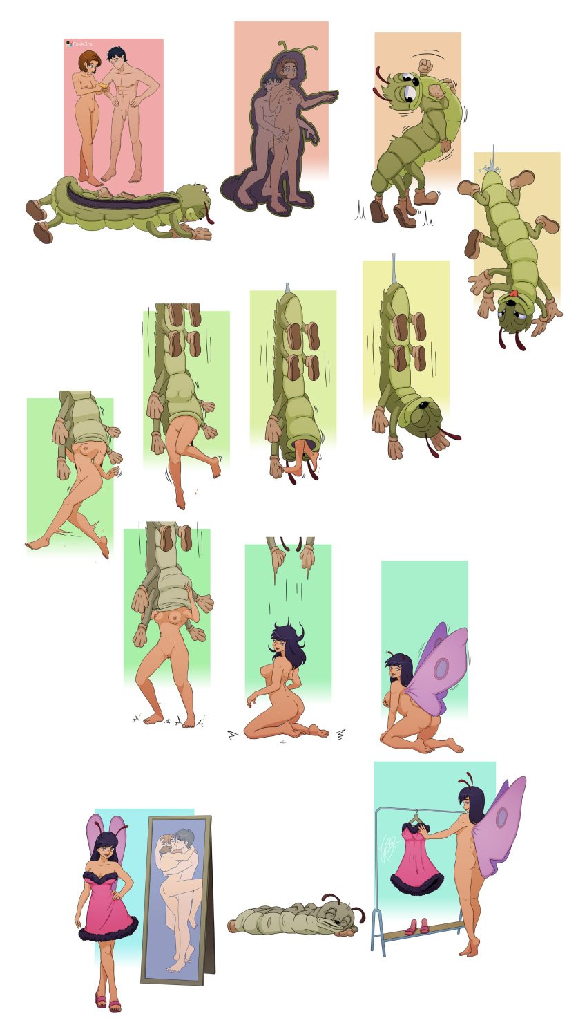 1boy1girl antennae ass black_hair breasts brown_hair butterfly caterpillar costume custom disguise disney fairy fokk3rs fusion high_heels metamorphosis mirror mirror_reflection naked nightgown penis skinsuit springtime_for_pluto tagme vagina