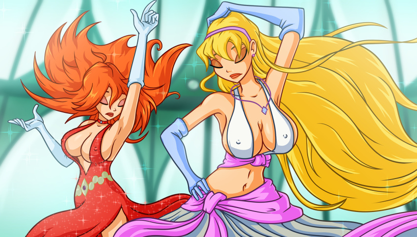 2girls 4kids_entertainment blonde_hair bloom bloom_(winx_club) choker cleavage covered_navel dress elbow_gloves hairband halterneck long_hair long_skirt magixxx_conquest midriff multiple_girls navel necklace nickelodeon nipples_visible_through_clothing plunging_neckline rainbow_(animation_studio) red_dress red_hair redhead sideboob sidgaming stella stella_(winx_club) winx_club