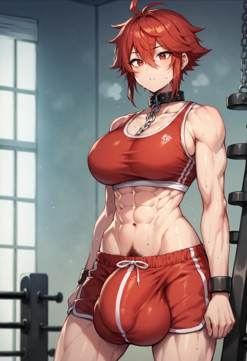 1futa abs ai_generated bulge bulge_through_clothing fire_emblem fire_emblem_fates flaccid_penis futanari gym_shorts hinoka_(fire_emblem) huge_balls huge_cock hyper_bulge hyper_penis muscular_futanari nintendo penis penis_bulge red_eyes red_hair sports_bra tagme_(hat)