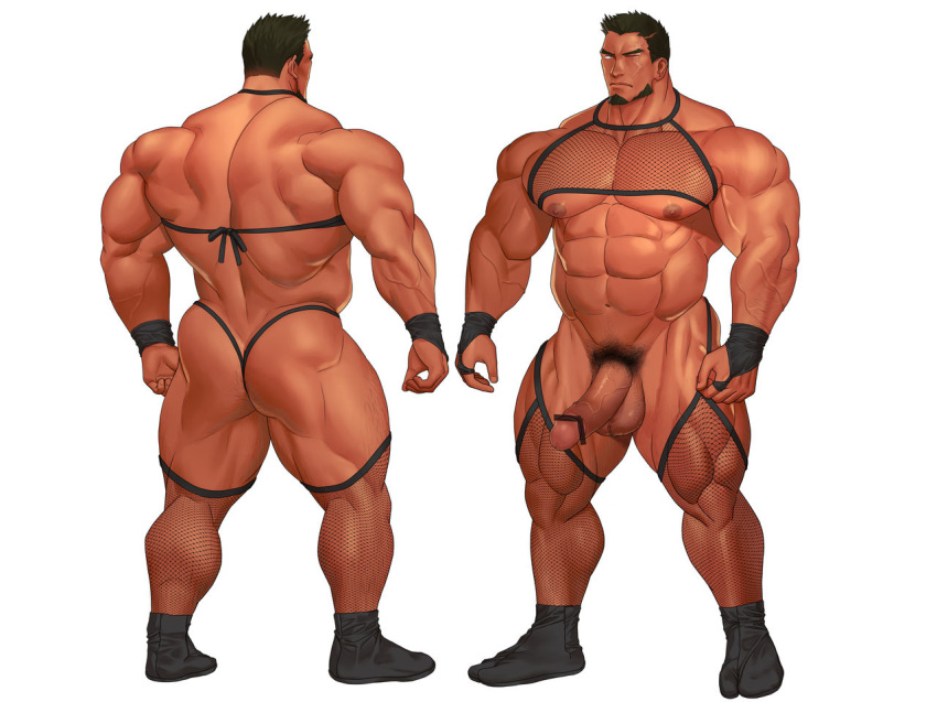 balls bar_censor bara beard censor_bar censored censored_genitalia censored_penis facial_hair flaccid kuromine_hiraya male male_only mesh muscles muscular penis solo solo_male yuatari